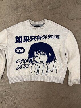 Careless Anime Knit Sweater Distressed Cropped Streetwear Graphic